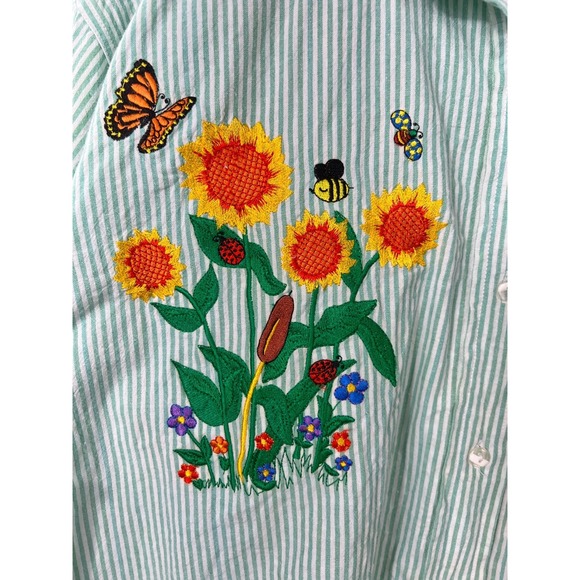Casey Coleman VTG Sz. P Embroidered Button Up Shirt Long Sleeve Sunflowers Green - Picture 2 of 7